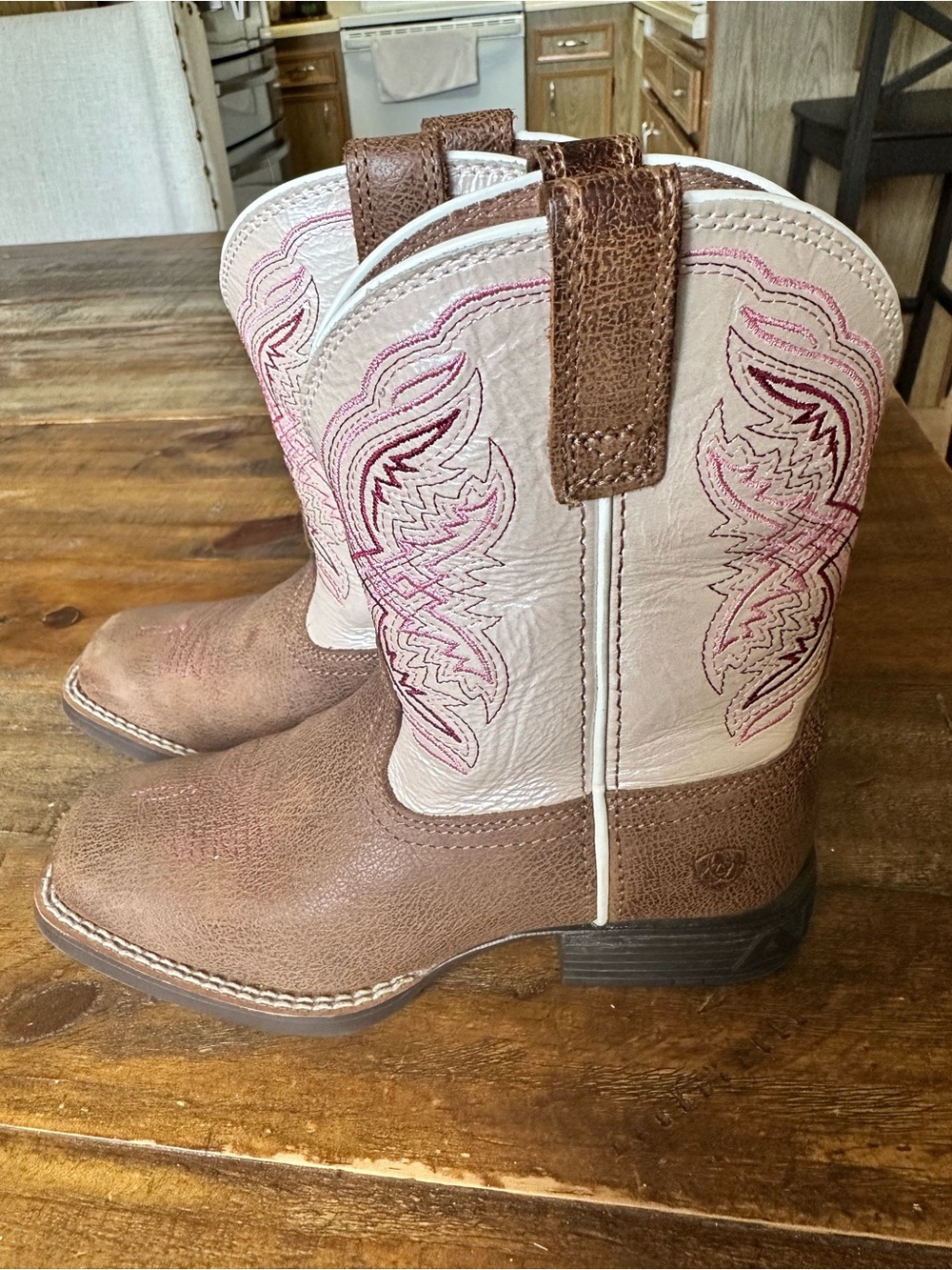 Ariat Brown and Cream Girls Leather  Western Boots with Pink Stitching